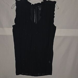 Blouse, NY & Company, Black Silver, Sheer, Sleeveless, Ruffled, V-neck, Med,
